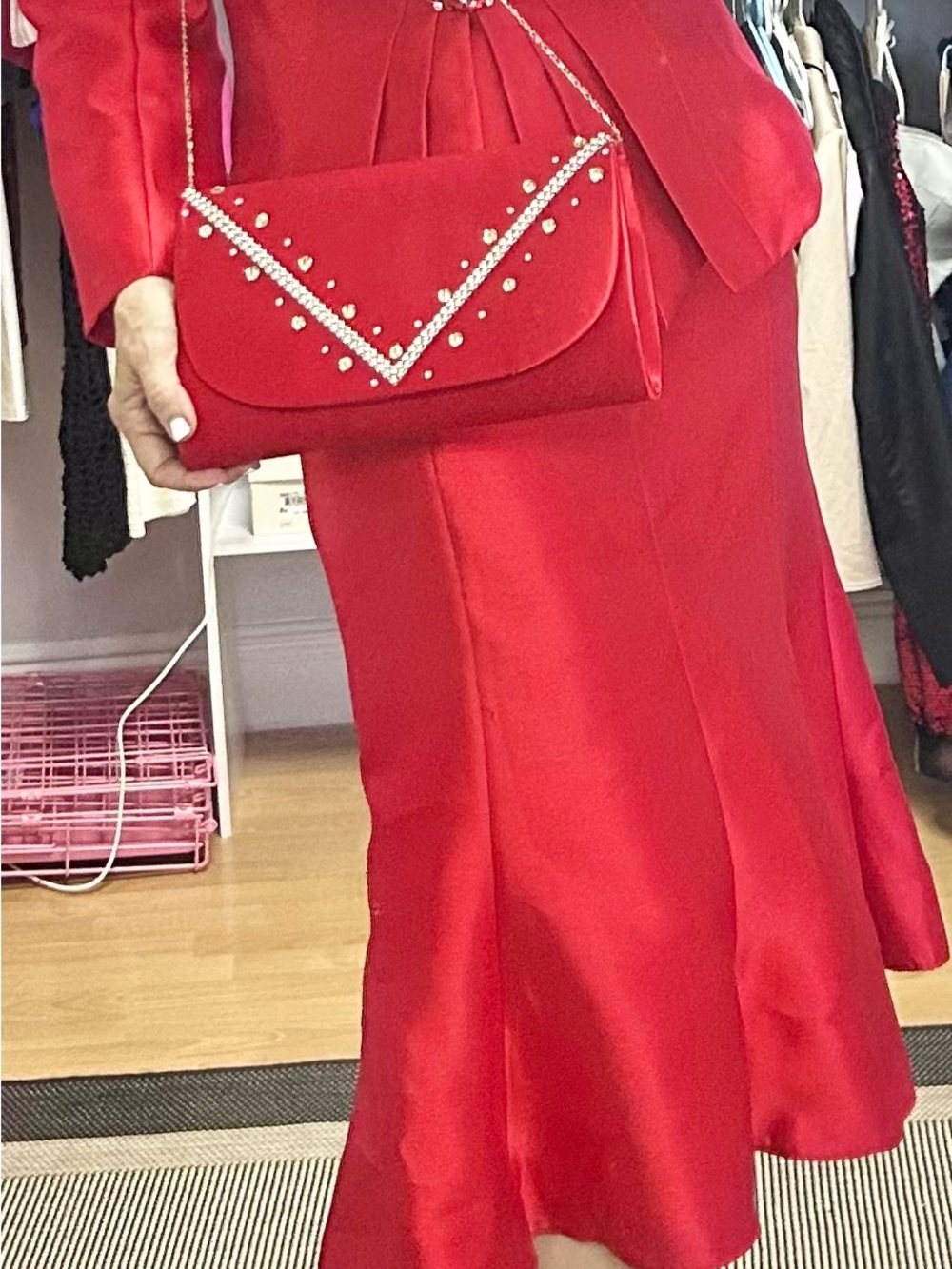 4 pieceElegant Red Satin Skirt , blouse and Suit with Rhinestone Envelope Clutch